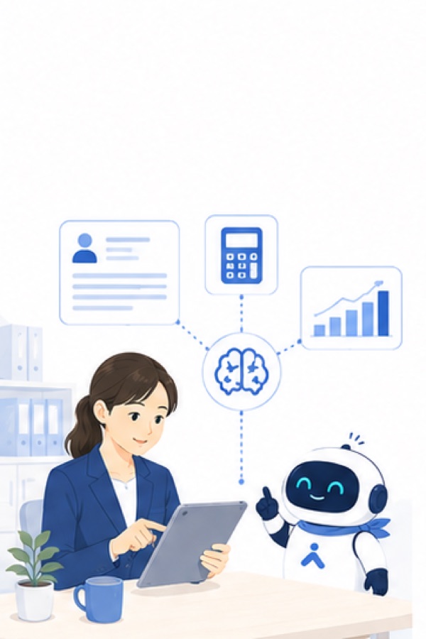 税理士法人・会計事務所の業務改善（税理士AX）｜AIアシスタントが記帳・分析を支援するイラスト