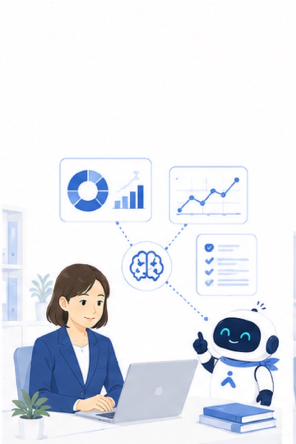 月次報告の下書きをAIが作成するイラスト